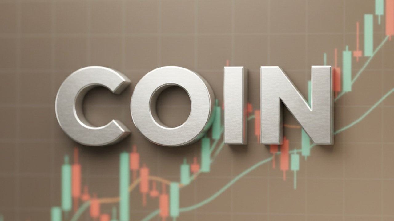 COIN ticker of Coinbase with a subtle Ark Invest watermark, soft lighting and a market chart background.