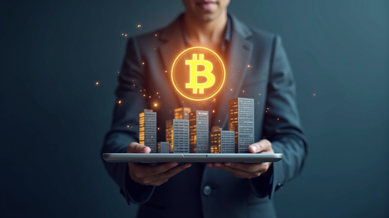 Photorealistic finance building with a glowing Bitcoin icon above sleek data terminal, signaling institutional BTC exposure.