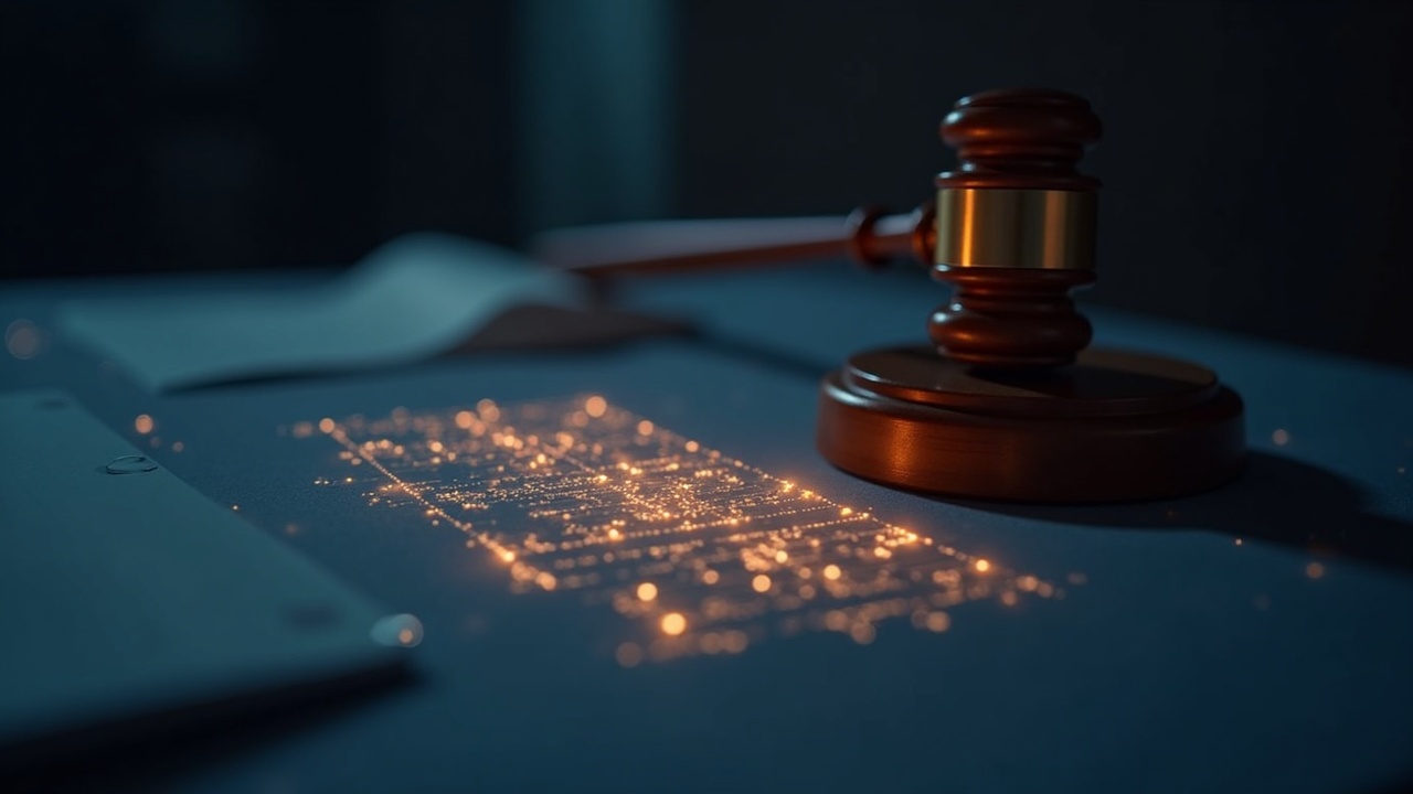 Close-up of an illuminated blockchain ledger, with a gavel and regulatory documents blurred.