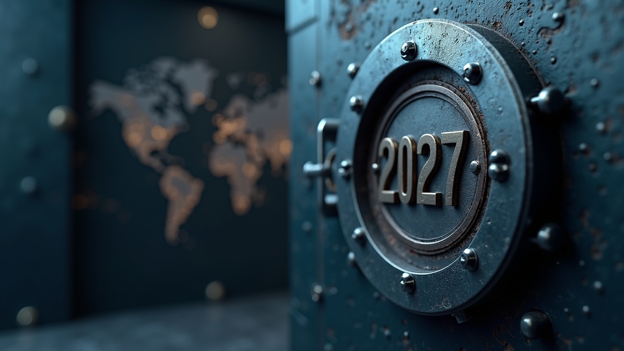 Photorealistic Swiss vault door with a 2027 calendar, world map, crypto nodes and Alps blur, signaling CARF delay