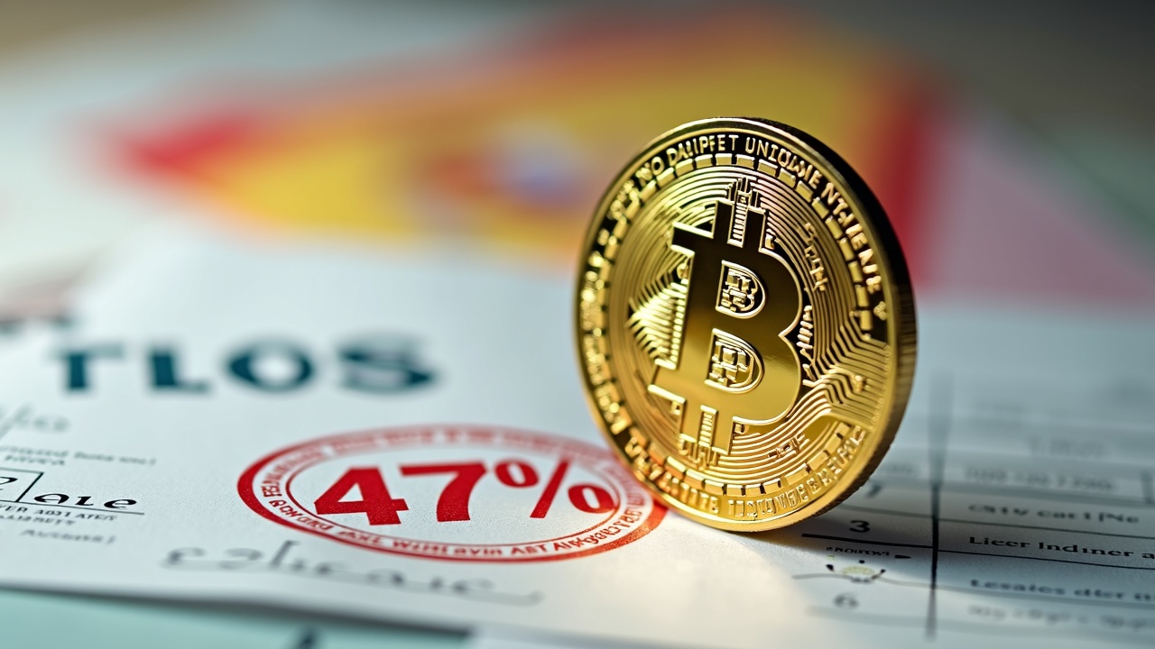 Bitcoin surrounded by tax forms and a 47% stamp, with Spanish tones, indicating a tightening of crypto taxation.