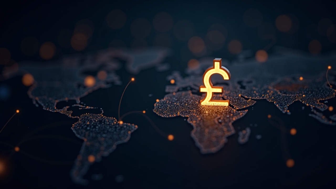 Photorealistic close-up of a digital rand symbol merging with a network map, faint SARB emblem in the background