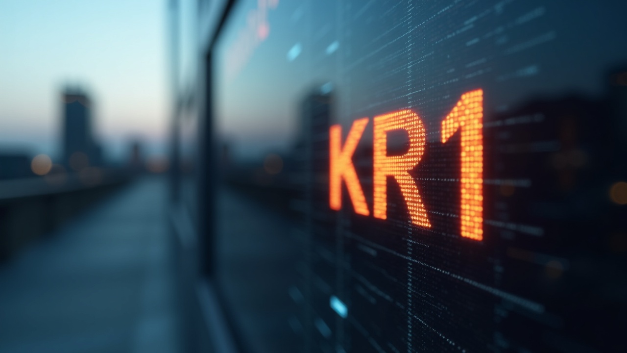 KR1 ticker illuminated on a London Stock Exchange board, with blockchain lines and a blurred skyline.