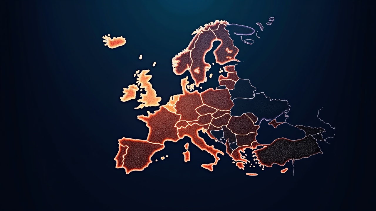 Photorealistic Europe map highlighting Vienna as a MiCA passporting hub with KuCoin EU license symbol