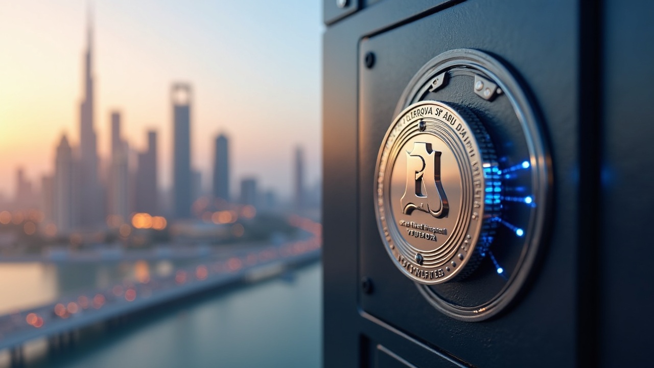RLUSD emblem over the Abu Dhabi skyline with regulatory seals and a digital vault, indicating compliance in ADGM.