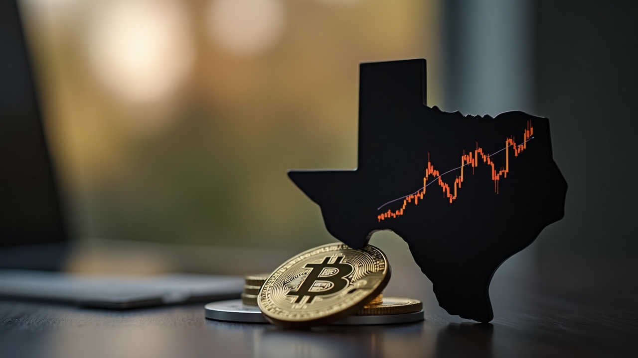 Silhouette of Texas, Bitcoin coin and ETF chart, soft background and neutral tones