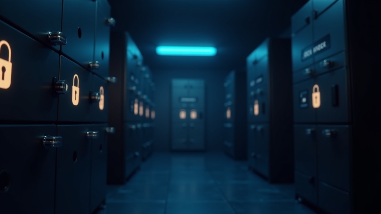 Cold storage vault with bright Solana icons, soft lighting and a blurred background.