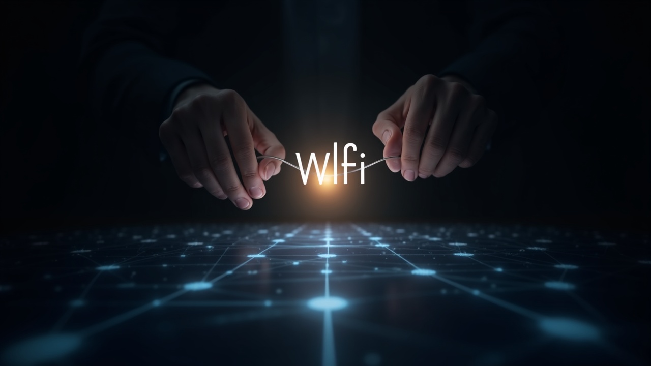 Photorealistic header: centered WLFI logo, shadowed hands tightening ropes over an illuminated blockchain.