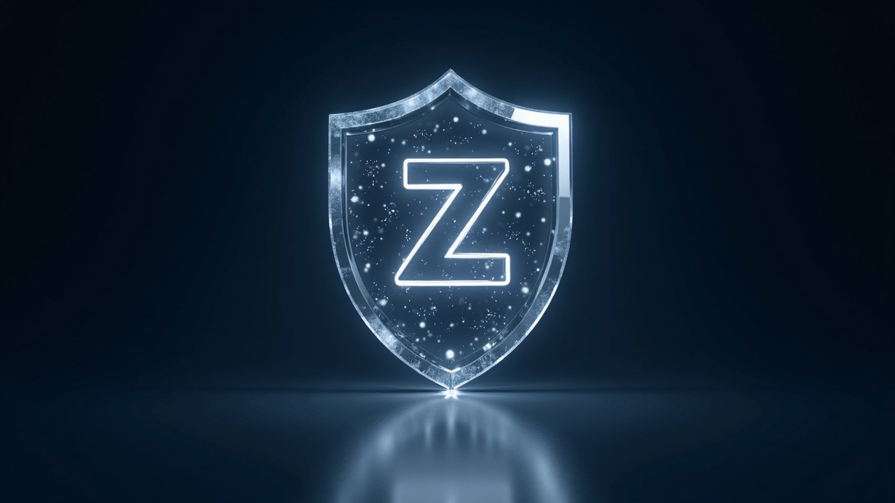 Zcash logo inside a glass shield with data flows, neutral tone, suggesting institutional access to a privacy ETF.
