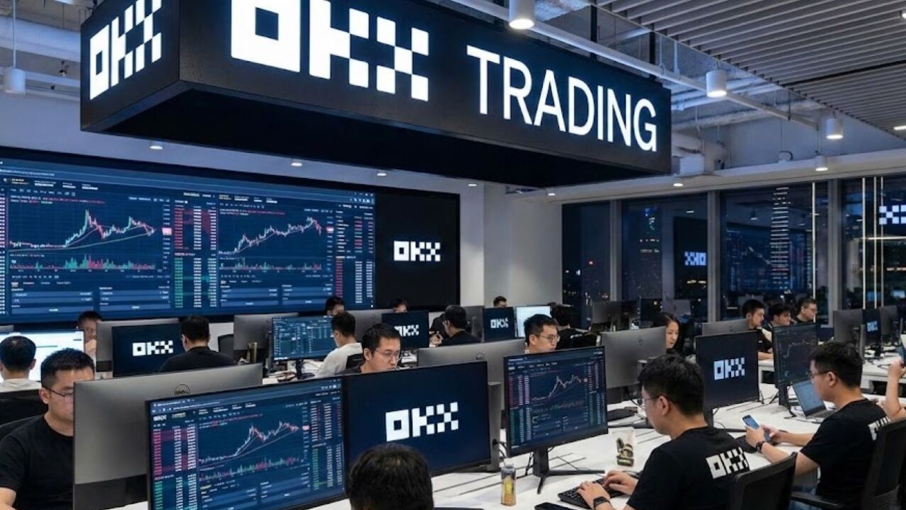 OKX Professional crypto trading desk with US and EU regulatory motifs, blue tones, signaling compliant expansion.