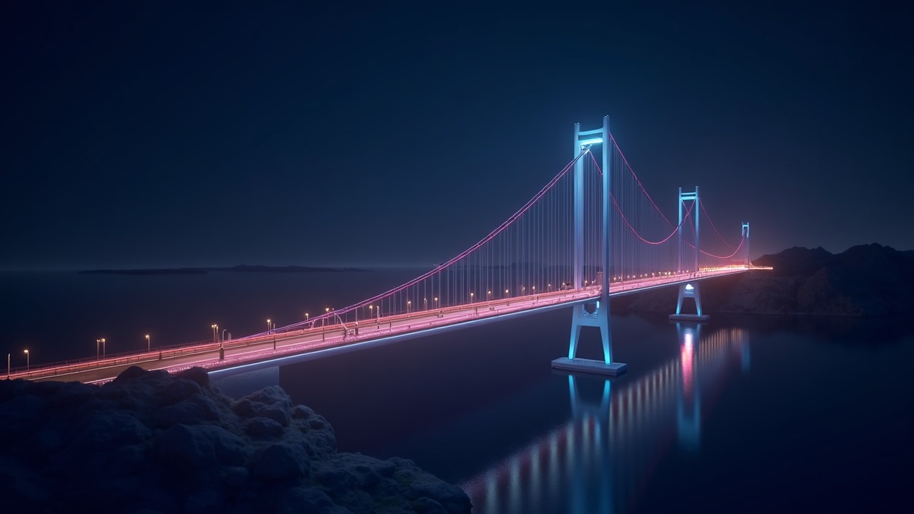 Photorealistic glowing bridge linking a crypto exchange hub to a DeFi lending platform, symbolizing 70M onboarding.