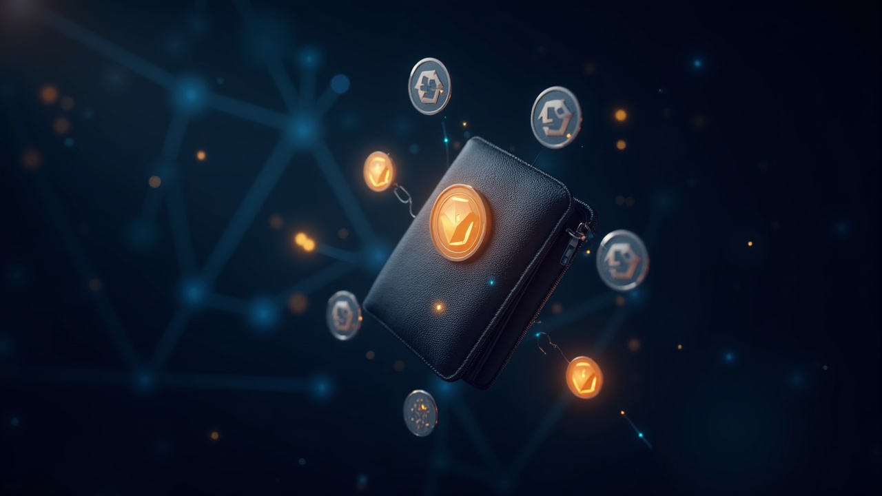 Photorealistic header with a digital wallet transferring ETH to stablecoins and featured DeFi tokens, set against a sleek tech backdrop.