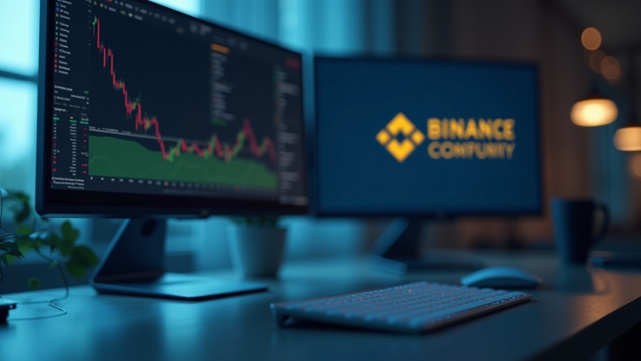 Photorealistic desk scene with a precise timeline on screen; Binance and Upbit logos blurred in the background