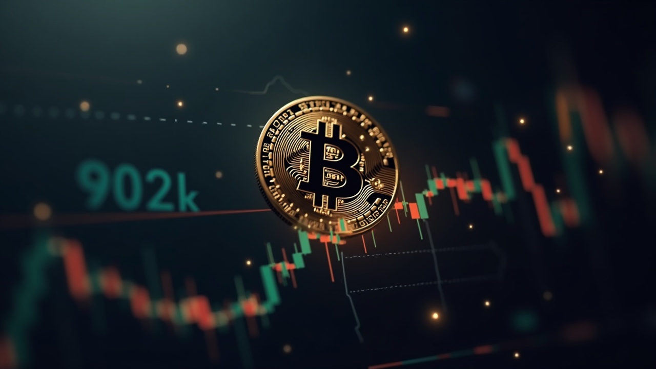 Photorealistic Bitcoin glyph over a 90k price chart with a muted US trading floor silhouette and macro data cues.