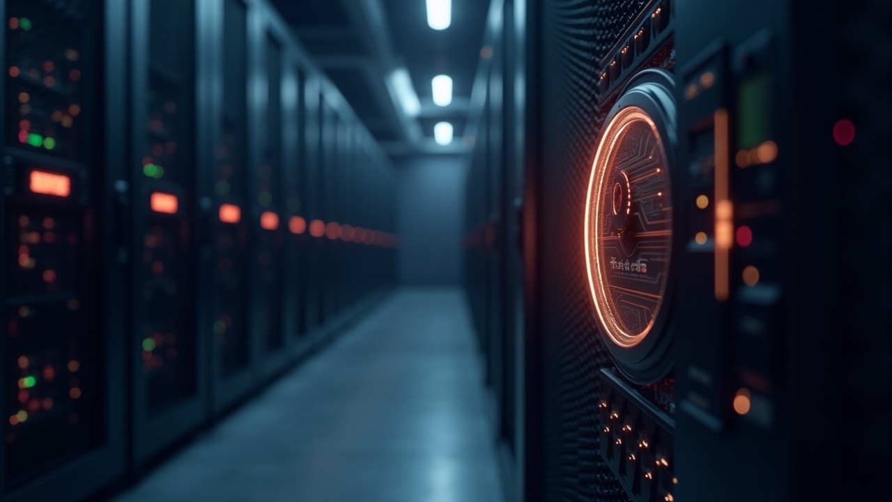 Photorealistic data center with sleek ASIC racks and a glowing difficulty gauge in the foreground.