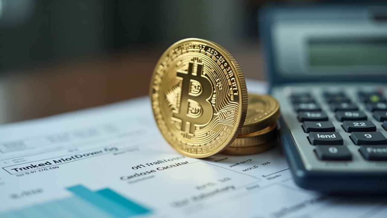 Bitcoin symbol over tax forms and a calculator, set in editorial lighting with a clean, realistic focus