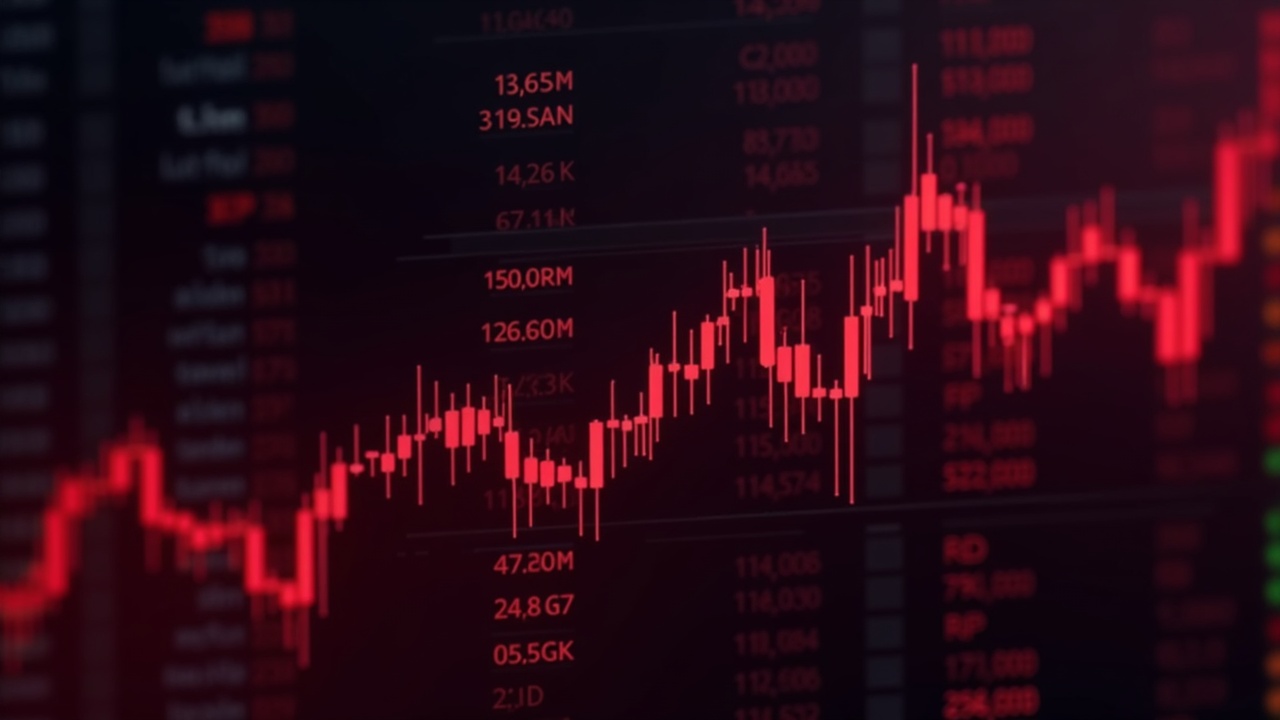 Photorealistic crypto trading screen shows red selloff, thinning order book, BTC, ETH, XRP tickers signaling liquidations.