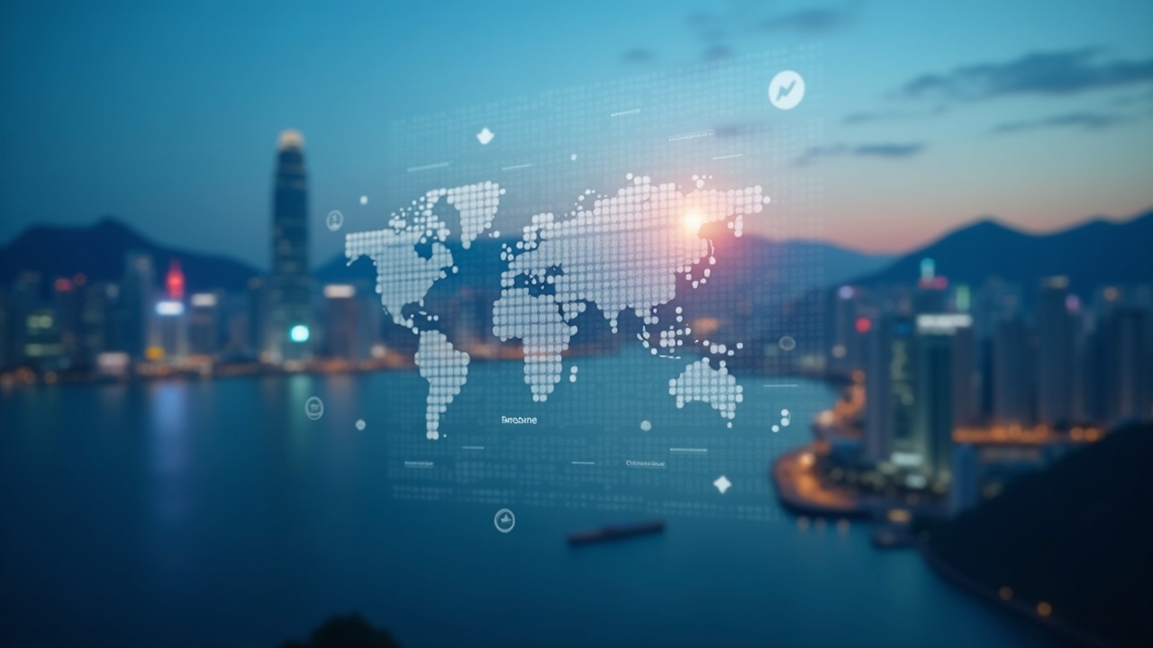 Photorealistic close-up of a digital tax ledger projected on glass with a blurred Hong Kong skyline, signaling CARF.