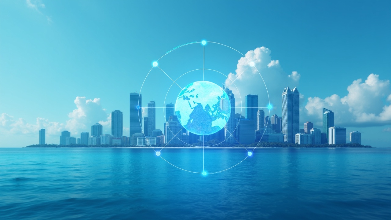 Cayman Islands skyline with a digital foundation emblem and network nodes signaling CARF compliance and Web3 growth.