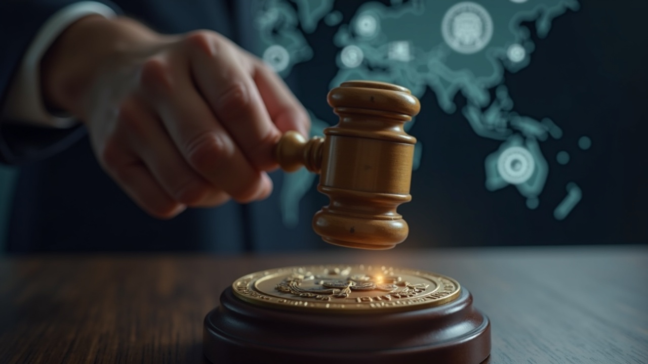 Close-up of a hand passing a regulatory baton on a desk, featuring the CFTC seal and subtle glowing crypto icons in the background.