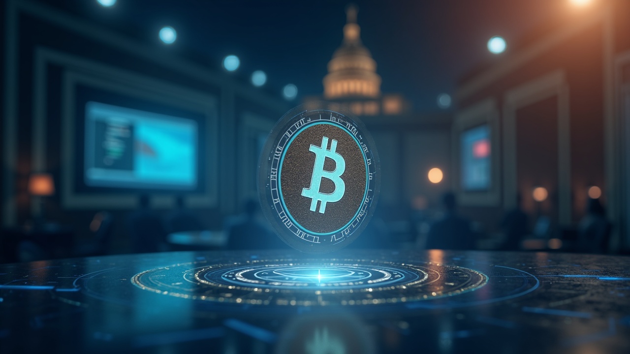 Photorealistic crypto trading desk with a holographic token and a blurred legislative chamber, signaling Jan markup impact