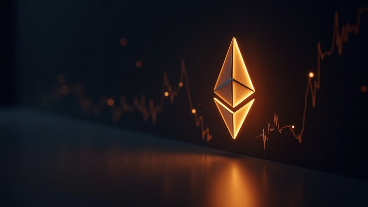 Close-up of a glowing Ethereum logo beside a rising throughput chart and fading fee icons on a minimalist background.