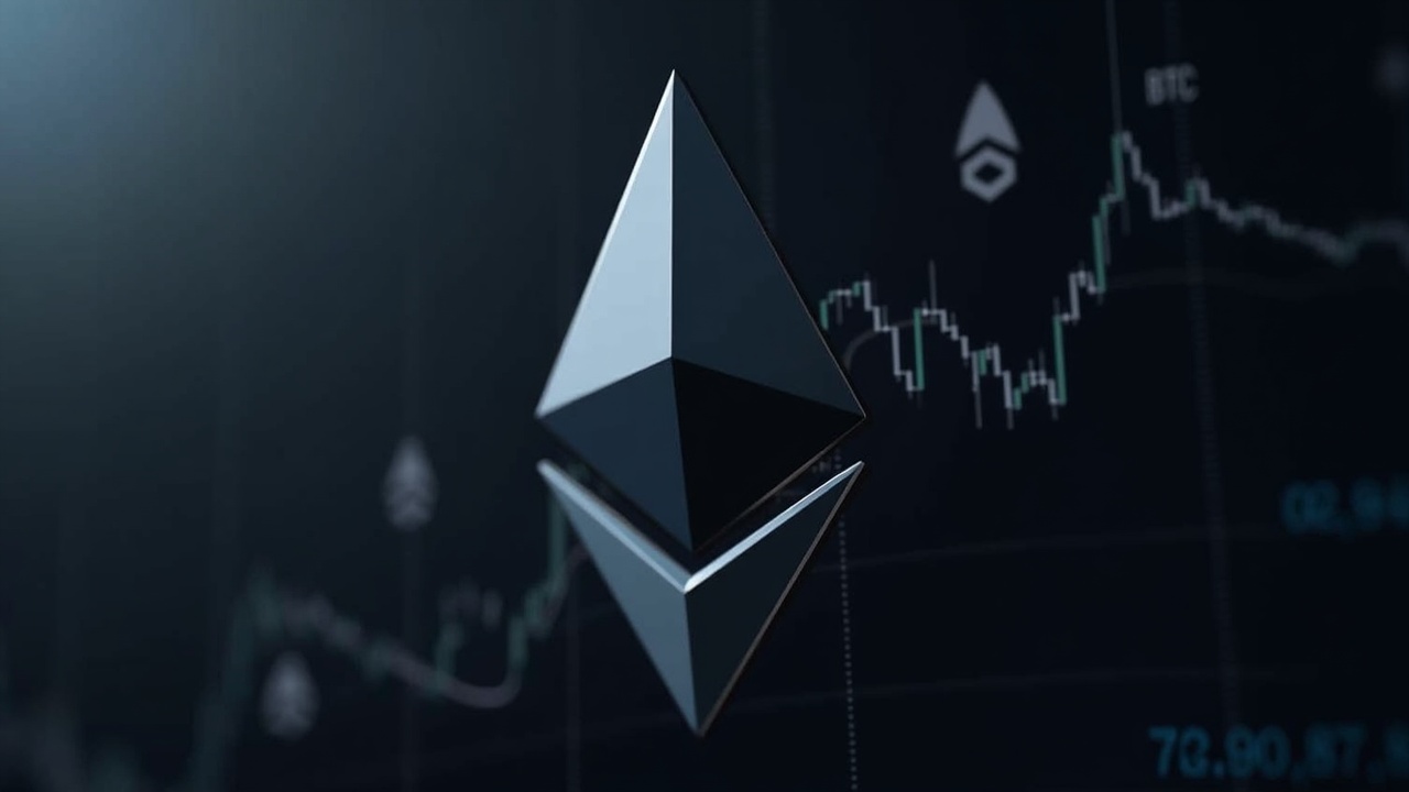 Photorealistic close-up of Ethereum logo with rising option indicators and a subtle Bitcoin silhouette, newsroom lighting.
