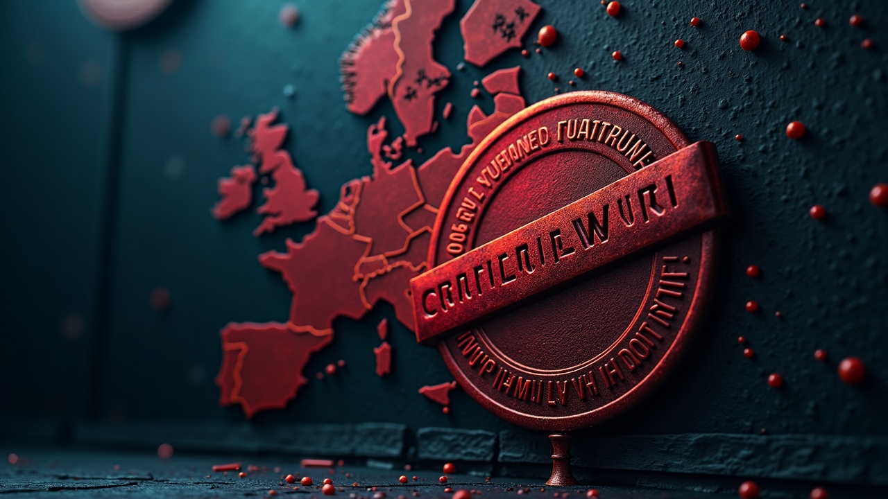 Europe map highlighting Lithuania with a red Regulatory Crackdown seal over crypto firm doors