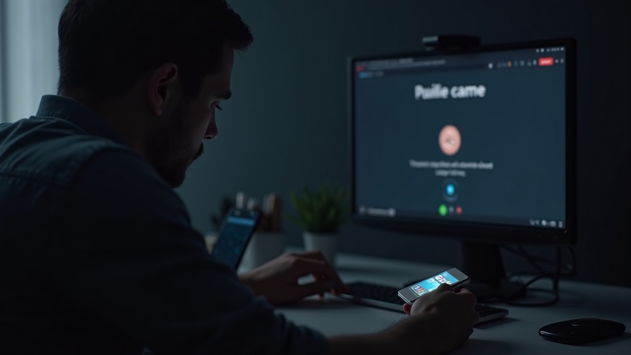 Photorealistic newsroom scene: crypto developer at a desk with a glowing hardware wallet and a subtle Zoom prompt.