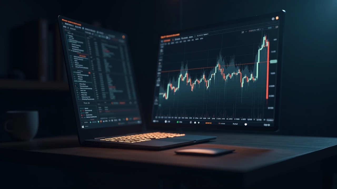 Crypto trading desk with a glowing terminal and an overlay of a Fed rate-cut chart under neutral lighting