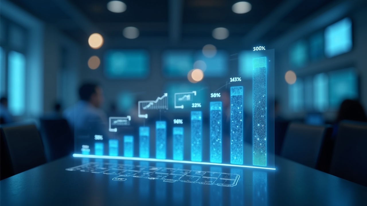 Photo-realistic newsroom with a transparent dashboard showing rising Web3 metrics and milestones, Gate branding and soft editorial lighting