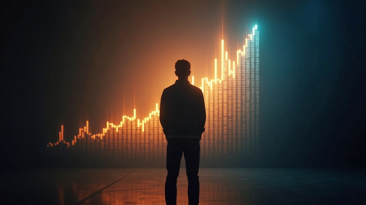 Photorealistic director silhouette in a studio with a glowing crypto chart behind, illustrating misallocated production funds.