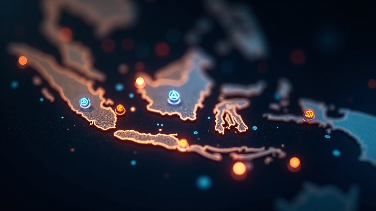 Photorealistic Indonesia map glow with 29 license seals and crypto icons across a soft editorial backdrop