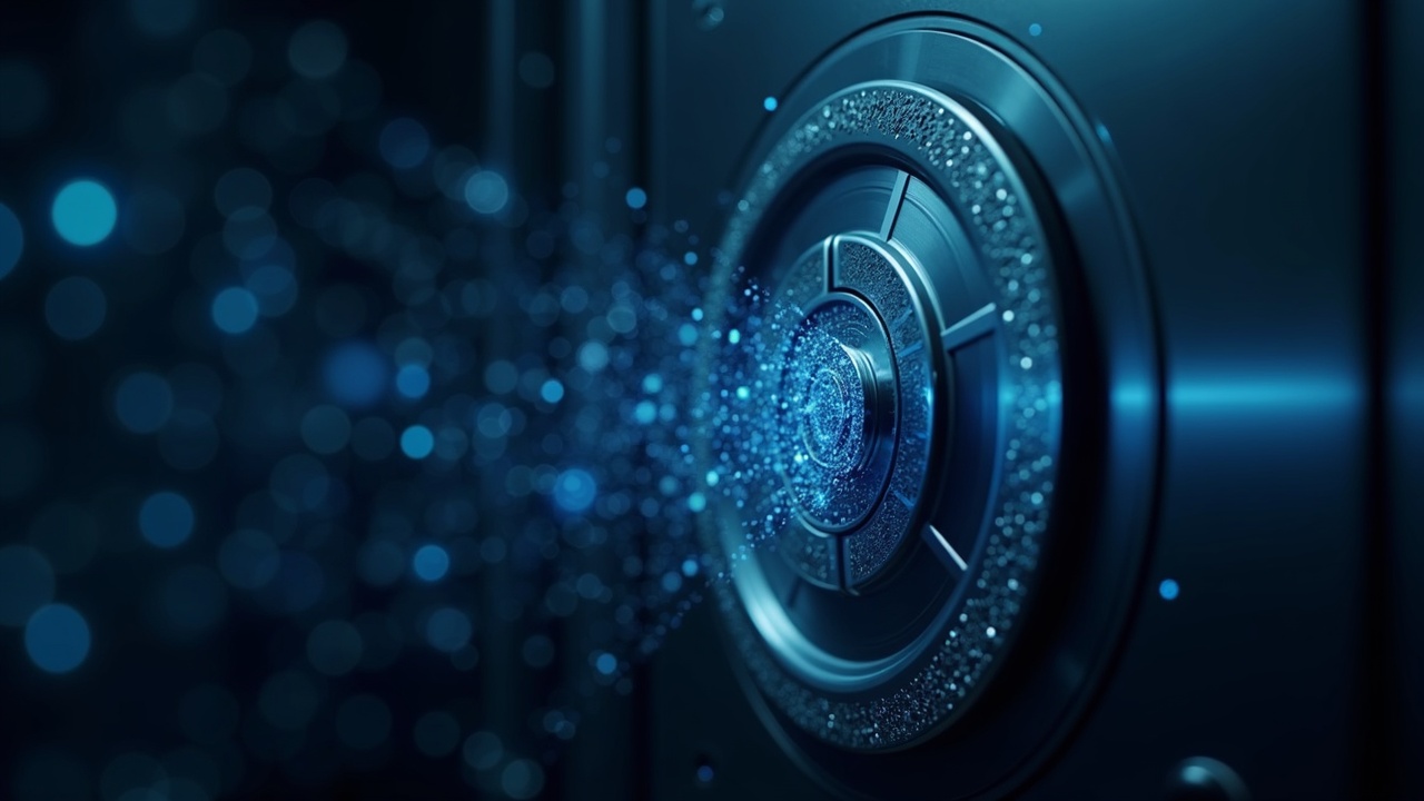 Close-up of a digital custody vault door with holographic blockchain strands, signaling institutional on-chain funding.