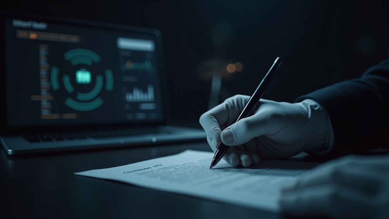 Luxurious desk with a crypto dashboard, a secure vault in soft focus, and a gloved hand signing an agreement.