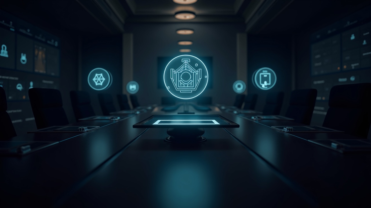 Boardroom scene with glowing on-chain RWAs tokens representing private assets for regulated institutional tokenization.