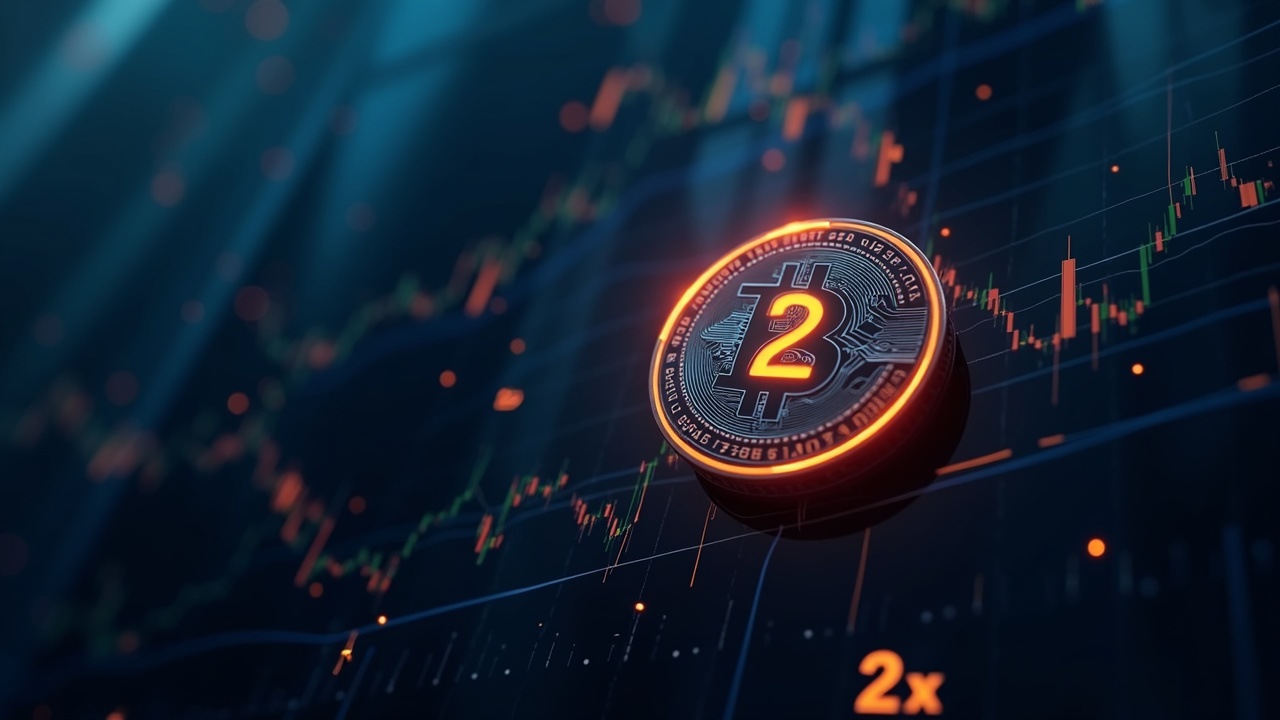 Photoreal Nasdaq facade with a glowing SUI token, 2x leverage arrows and charts bridging crypto to markets.