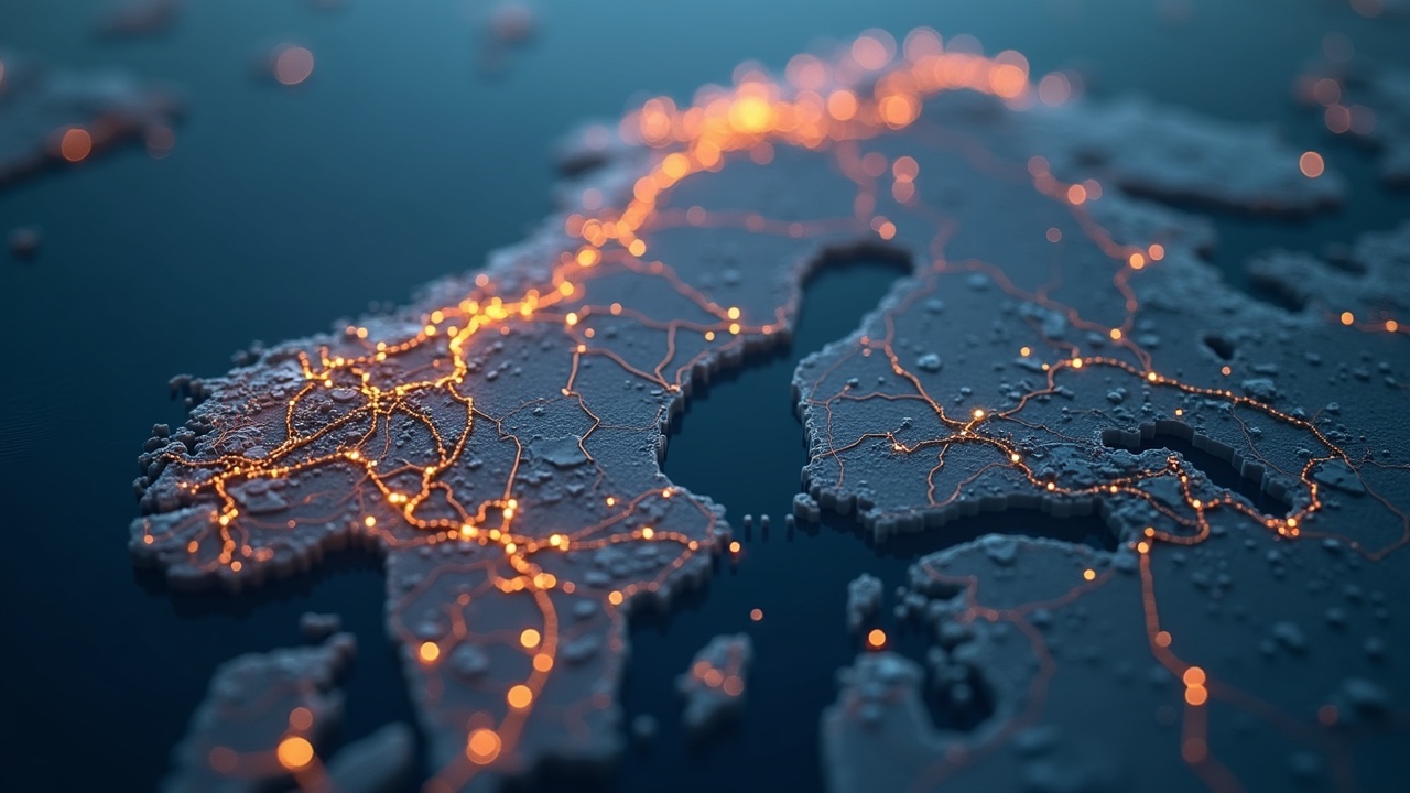 Photoreal map of Norway with glowing payment rails linking major cities, signaling CBDC not required.