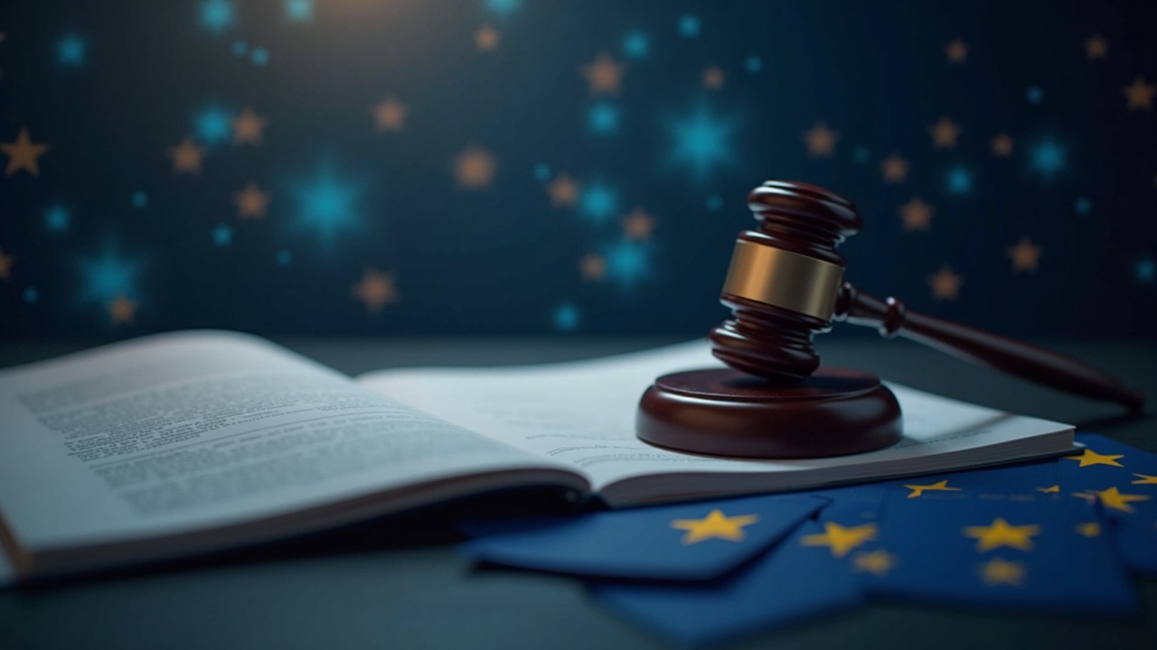 Photorealistic gavel on a Polish legal document, with EU stars and blockchain code weaving through.