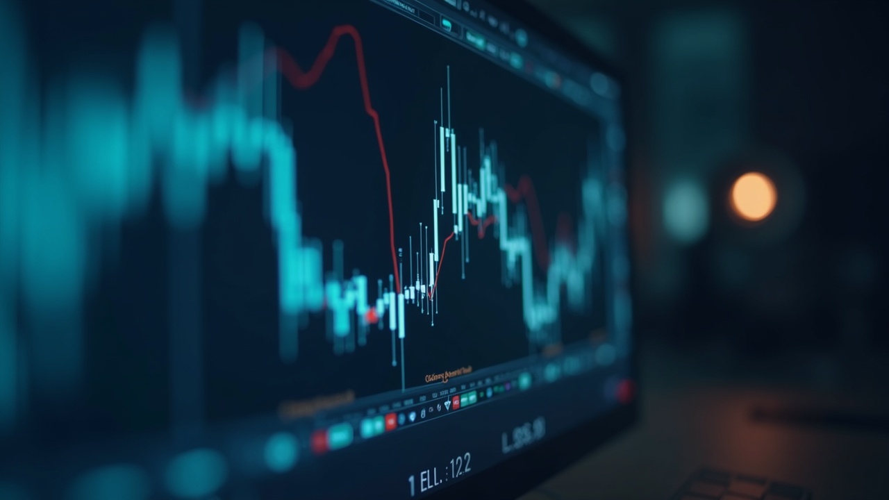 Close-up of crypto trading desk with a clear screen showing mirrored buy and sell waves, signaling conflict of interest.