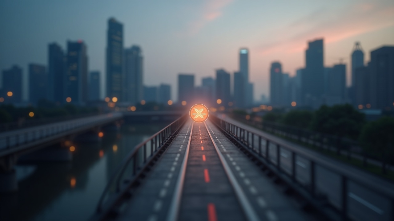 Glowing XRP bridge token spanning a cross-border payments lane over a softly blurred Singapore skyline