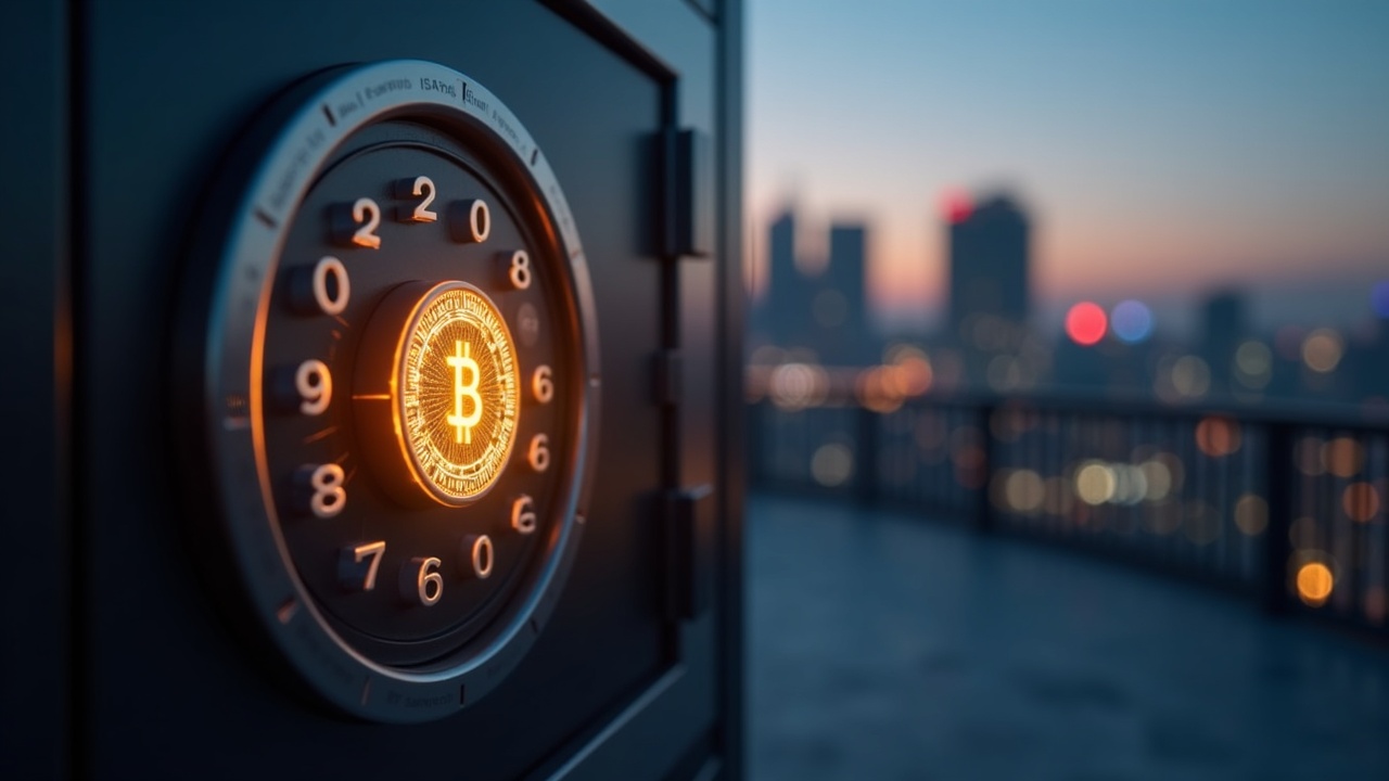 Bank vault keypad morphs into a glowing stablecoin icon over a blurred Seoul skyline, showing FSC-BOK stalemate.