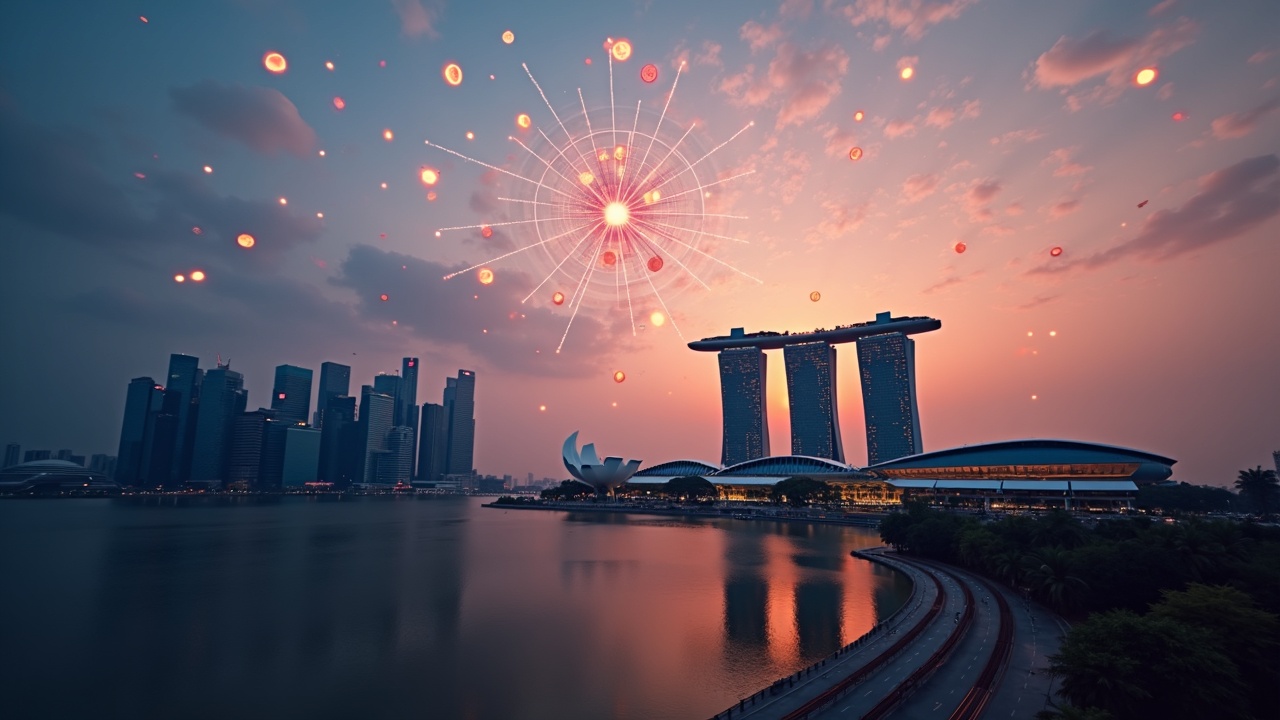 Photorealistic Singapore skyline at dawn with orbiting digital tokens and interconnected blockchain nodes.