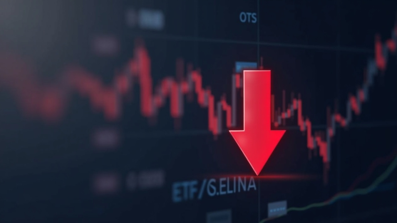 Photorealistic Solana logo with a red downward arrow over a blurred trading screen, signaling ETF outflows.
