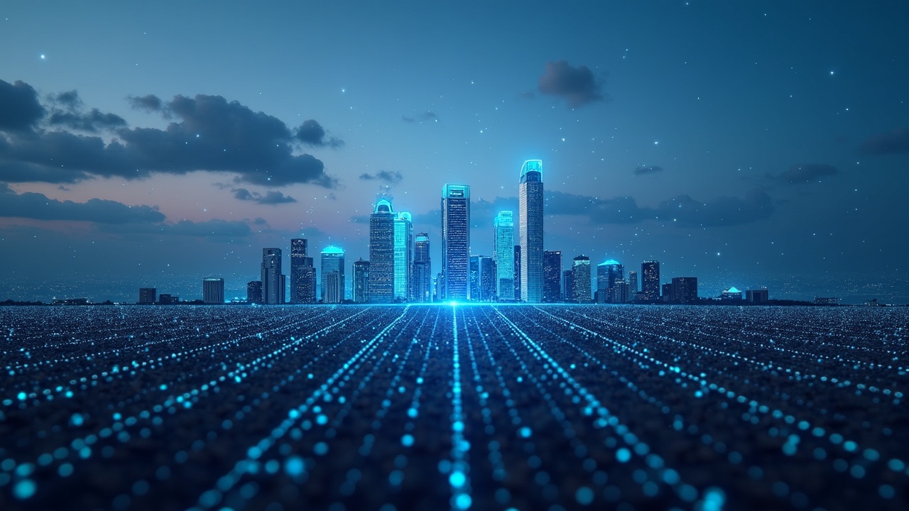 Photorealistic Buenos Aires skyline overlaid with a translucent blockchain grid to mark Sui Connect's Latin America launch.