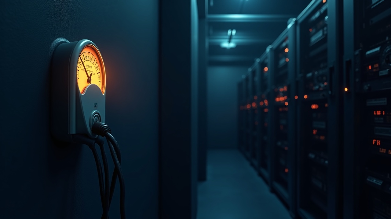 Photorealistic crypto mining rigs plugged into a power meter with a faint grid glow and regulatory stamp.