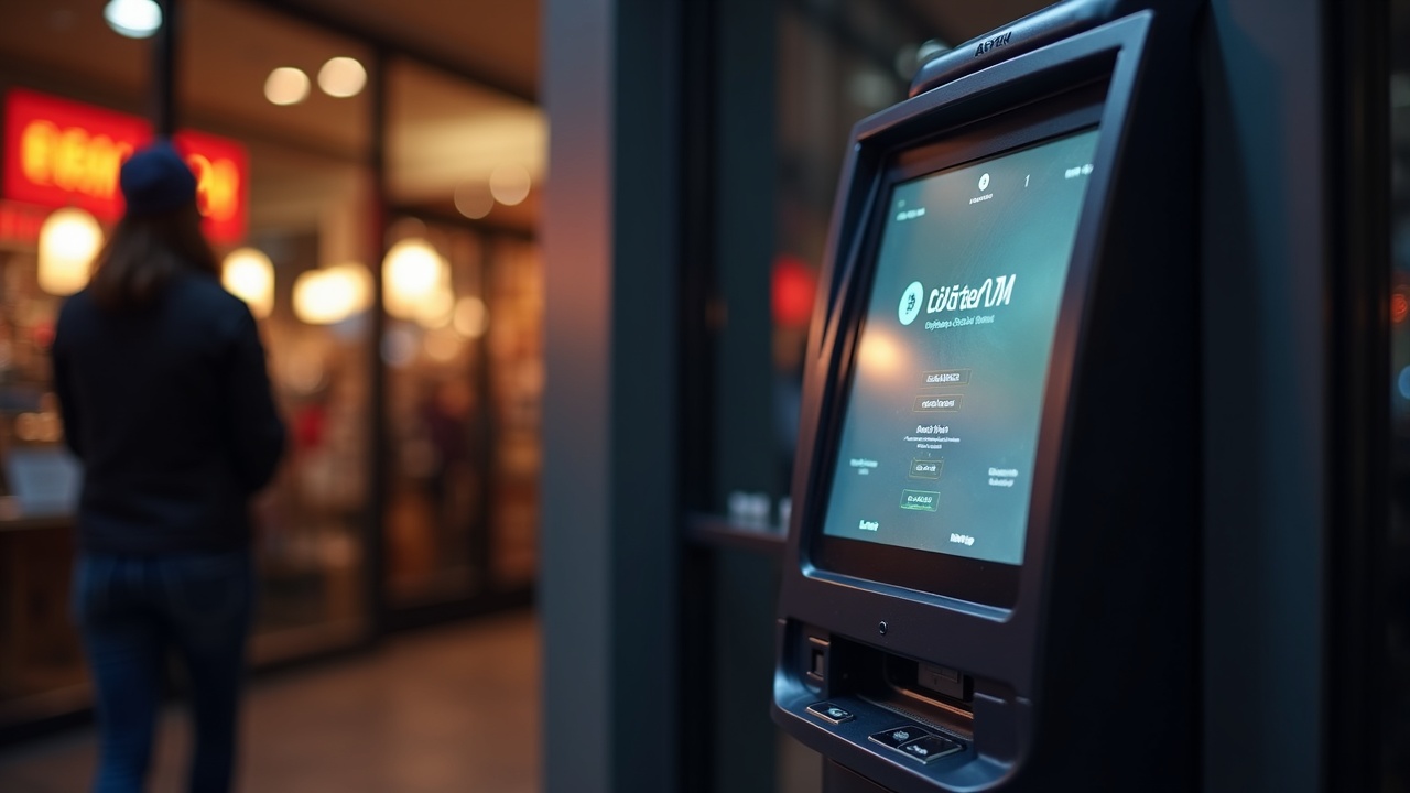 Photorealistic Bitcoin ATM in a storefront with a blurred Texas silhouette in the background and cool editorial lighting.