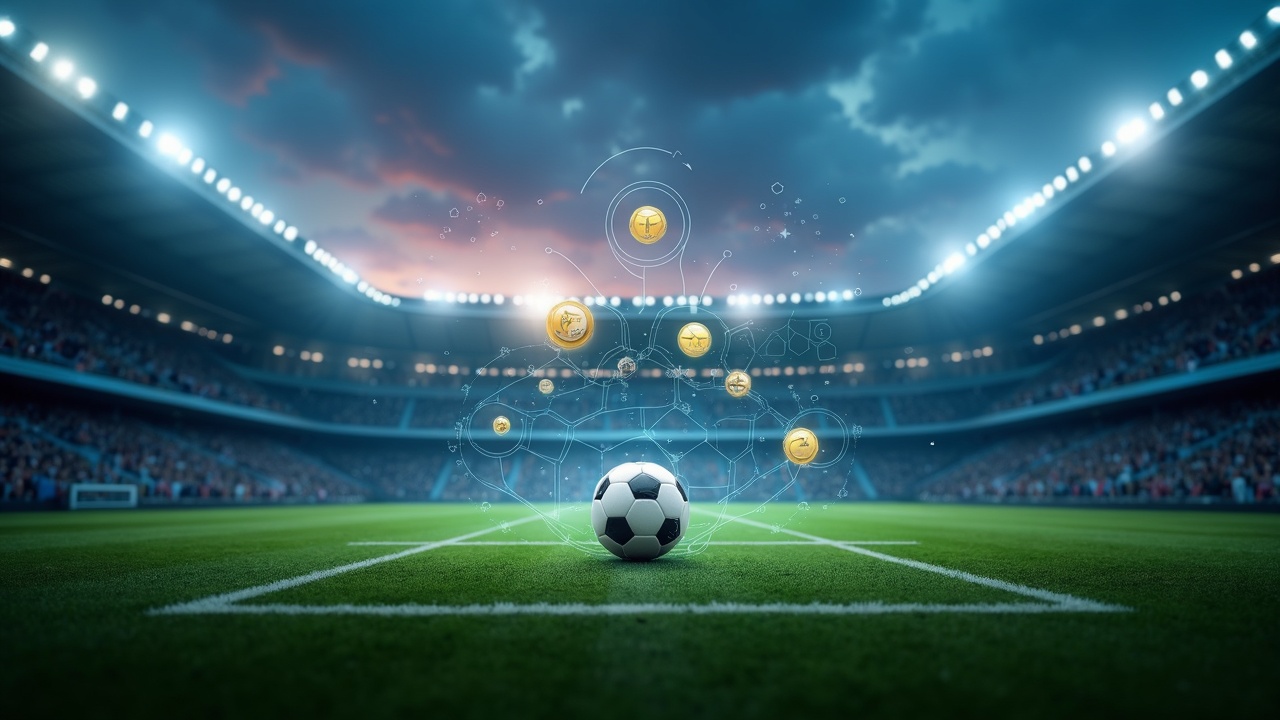 Football stadium at dusk with holographic revenue streams and smart contract icons highlighting tokenized club cash flows.