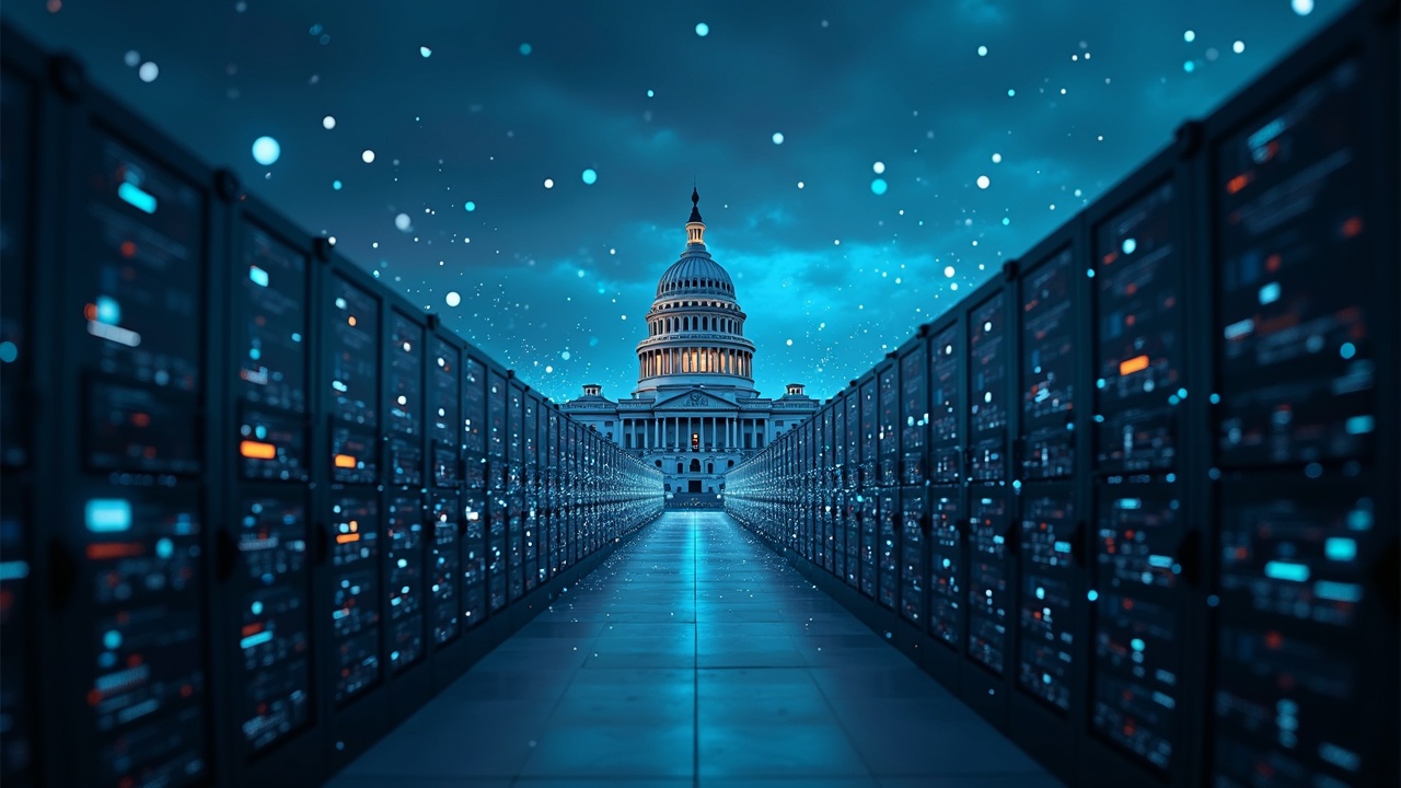 Photorealistic government data center with a blockchain network overlay and Coinbase and Robinhood logos