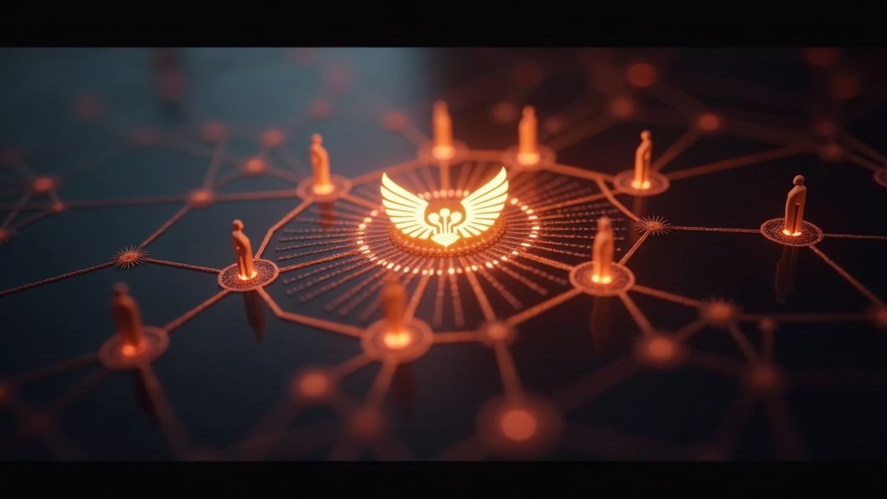 Photorealistic VeChain Hayabusa emblem glowing at the center with network lines to validator silhouettes